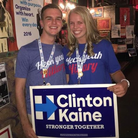 Seniors CJ Fowler and Elizabeth Kimbrell celebrate Hillary Clinton’s campaign at a debate watch party sponsored by the Democratic Party of Arkansas. 