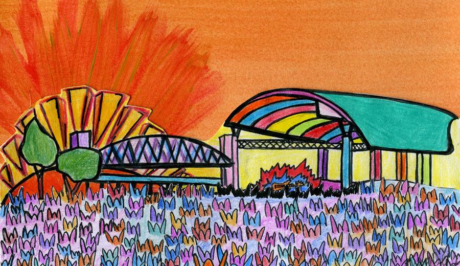 This cartoon of the First Security Ampitheater stage shows the vibrancy and excitement Little Rock teens associate with Riverfest. Read the center spread of the Tigers upcoming fourth print issue for more information on summer music concerts and festivals like this one.