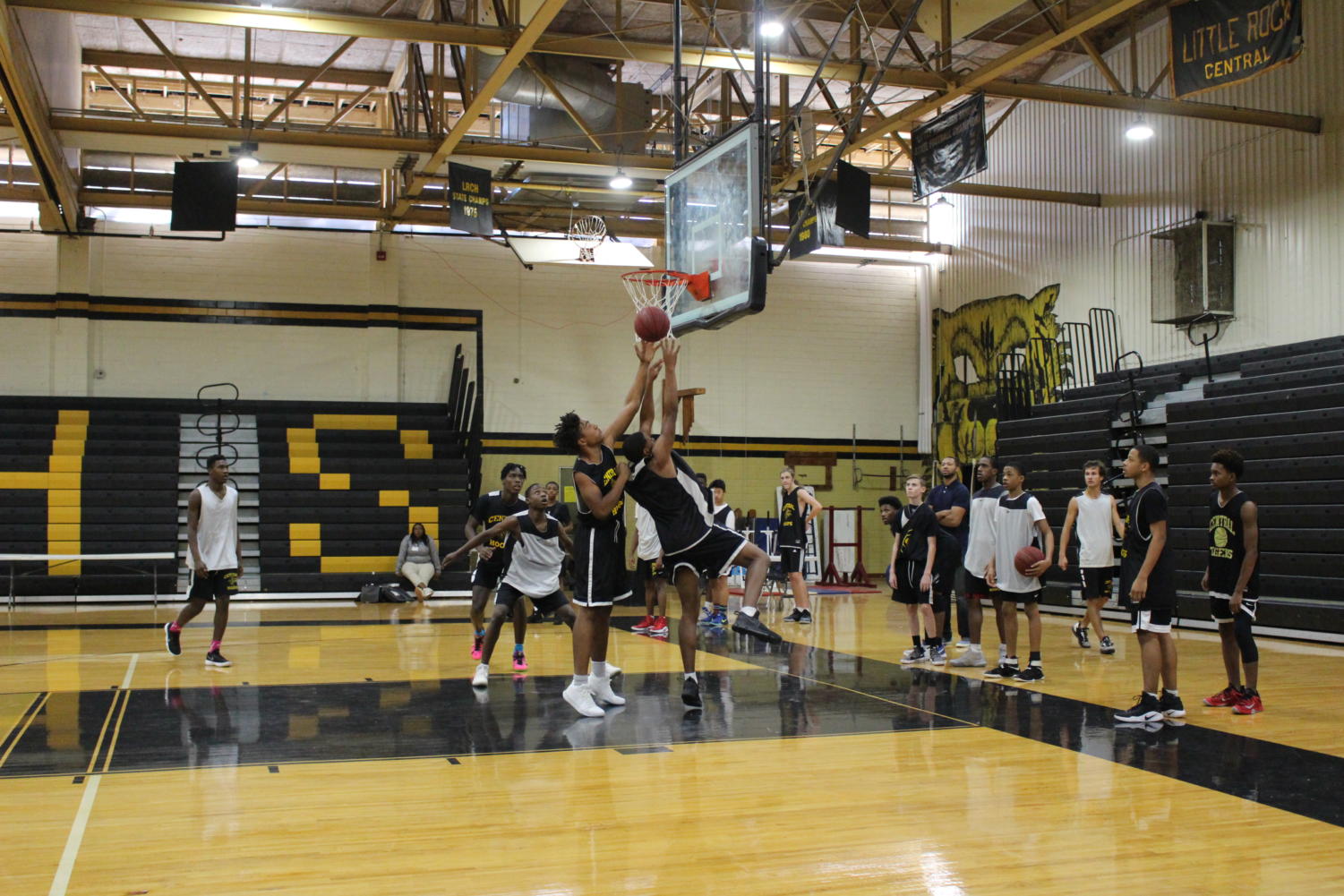 Junior Dajun Brewer goes up for a layup as the Central basketball team prepares for the upcoming season during after school practice by running drills and scrimmaging. The season opener is November 16 at Forrest City.
(Photo by Annalise Novicky)
