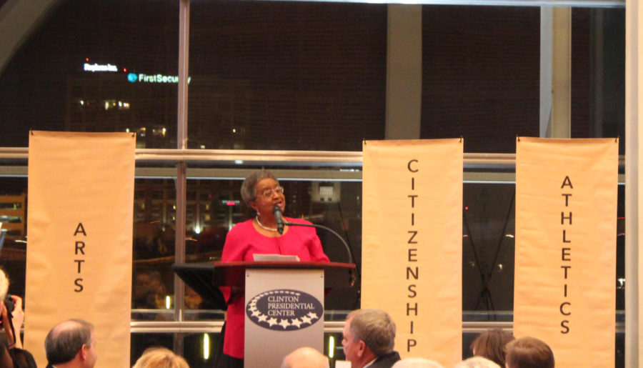 Dr. Sybill Jordan Hampton addresses the Tiger Foundation after she is honored at the Awards of Excellence Dinner on Wednesday, December 6th. Hampton was the first African American to graduate from Central after attending all 3 years of school. At one of Hamptons high school reunions, she won the award for being the most educated. (Photo by Fran Delacey)