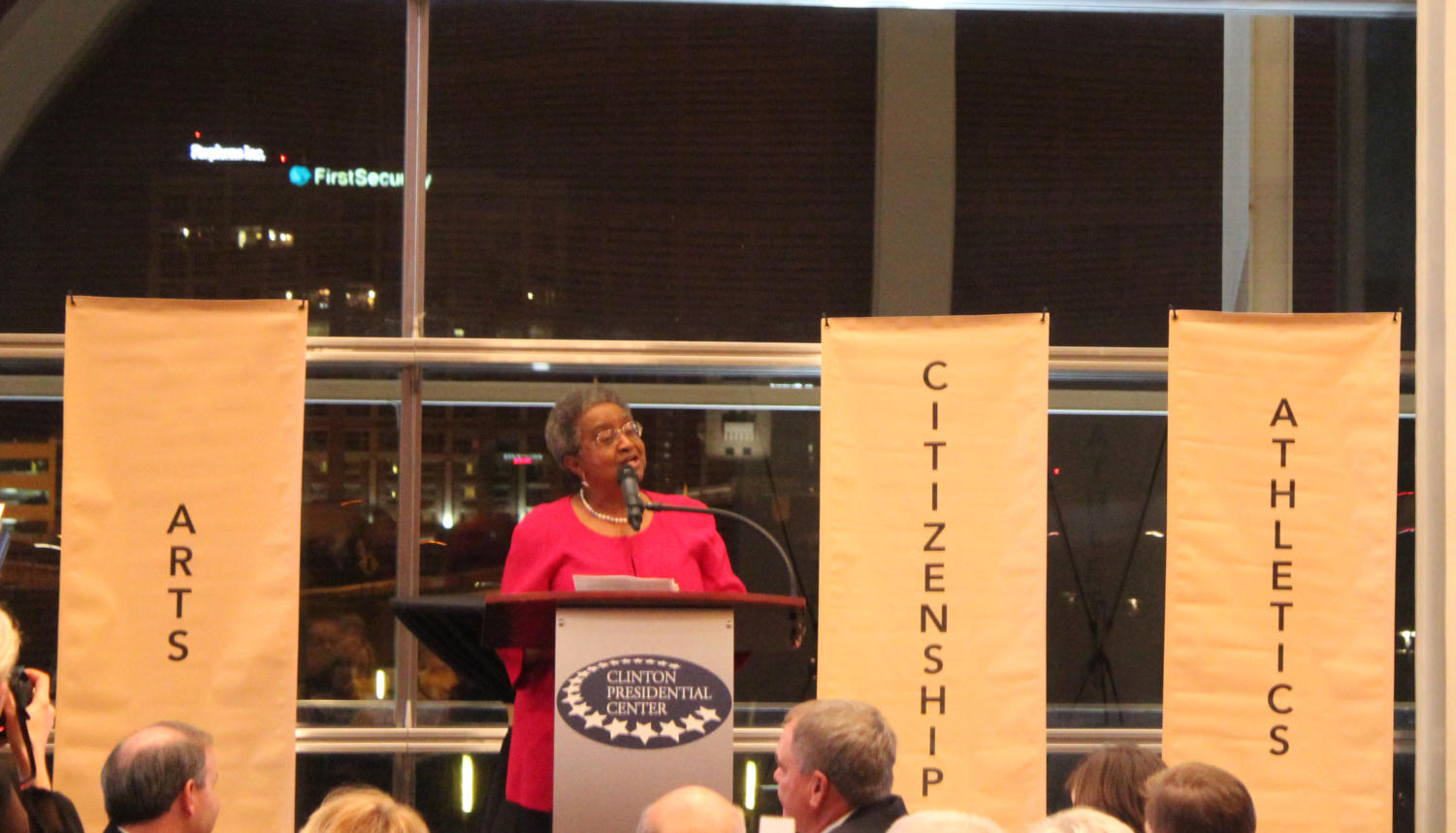 Dr. Sybill Jordan Hampton addresses the Tiger Foundation after she is honored at the Awards of Excellence Dinner on Wednesday, December 6th. Hampton was the first African American to graduate from Central after attending all 3 years of school. At one of Hampton's high school reunions, she won the award for being the most educated. (Photo by Fran Delacey)