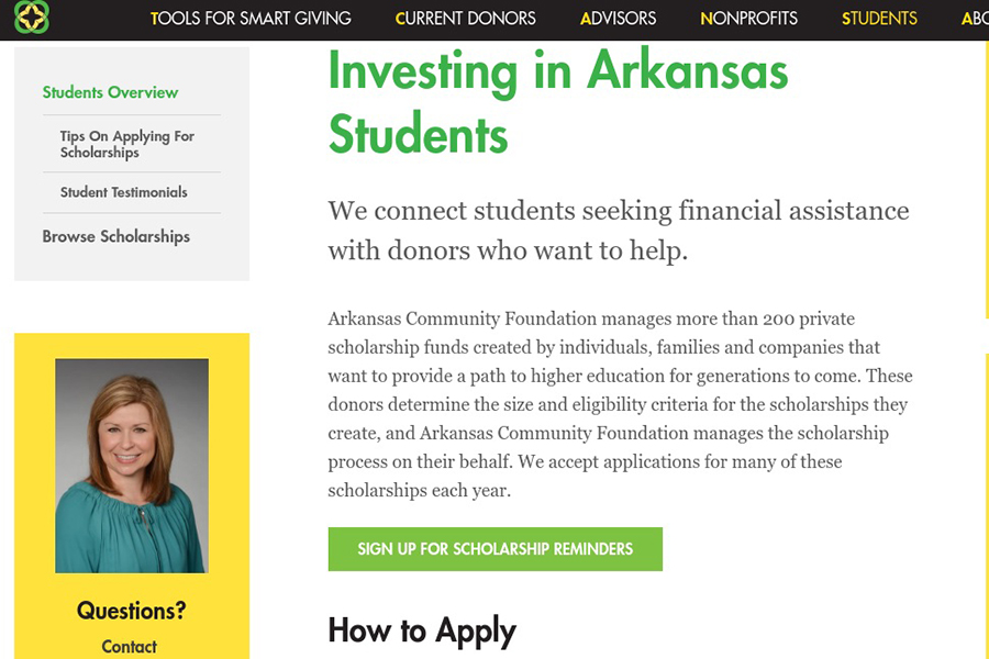 Arkansas Community Foundation Scholarships are broken down by interest area, from agriculture and arts to pre-med. The group also breaks down available scholarships by region. Our school falls in the central region of Arkansas for scholarships. (photo by Lola Simmons)