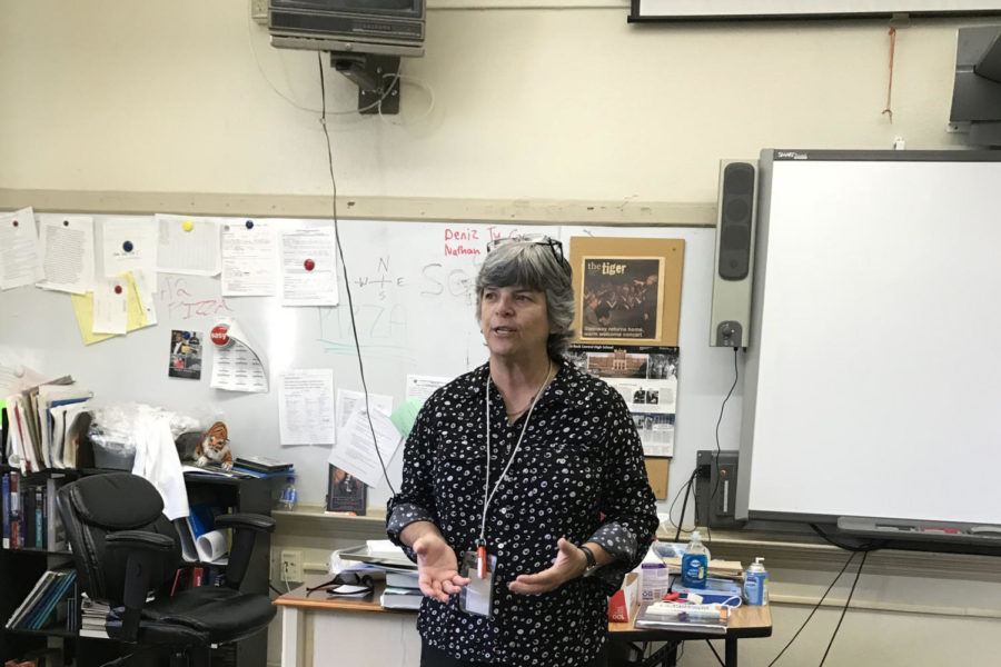 Judy Warren teaches lesson on popular and folk culture through videos showing clothes and music over time. (photo by Salma Abdulrahman)