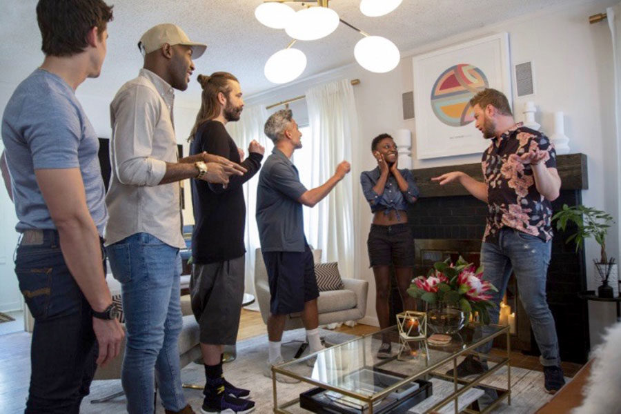 Antoni Poroski, Karamo Brown, Jonathan Van Ness, Tan France, and Bobbi Berk show Jess Gilbeaux around her newly designed home. The 22 year old is the first lesbian featured in the show. Before the Fab Five showed up, Gilbeaux was forced to dropout of college and get a job when her parents kicked her out after she was outed to them. However, a Kickstarter fundraiser was launched and raised over $100,000 for her to return to college. (photo courtesy of NBC News)