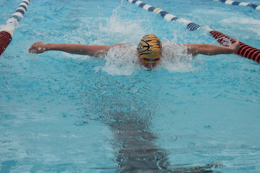 Senior Jack Forrest swims the 100yd butterfly. Forrest placed first and won by astounding three and a half seconds. 