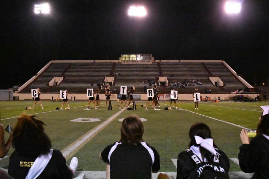 Varsity and junior varsity cheer perform at football senior night Nov. 18. 