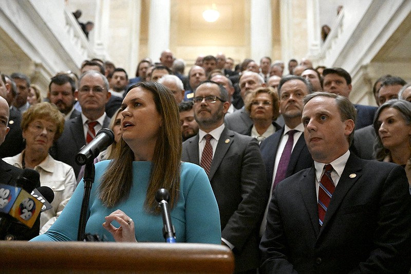 Sarah Sanders speaks at a press conference for the proposed L. E. A. R. N. S. bill. Picture by Arkansas Democrat Gazette. 