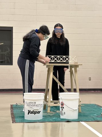 Lohakare and Lin test their bridge on the day of competition. They test their bridge by attaching a bucket to hang from the bridge, and then loading sand into the bucket until the bridge fails. 
