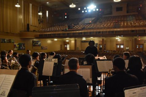 The band practices in Thompson Auditorium for their Spring concert, May 2. 