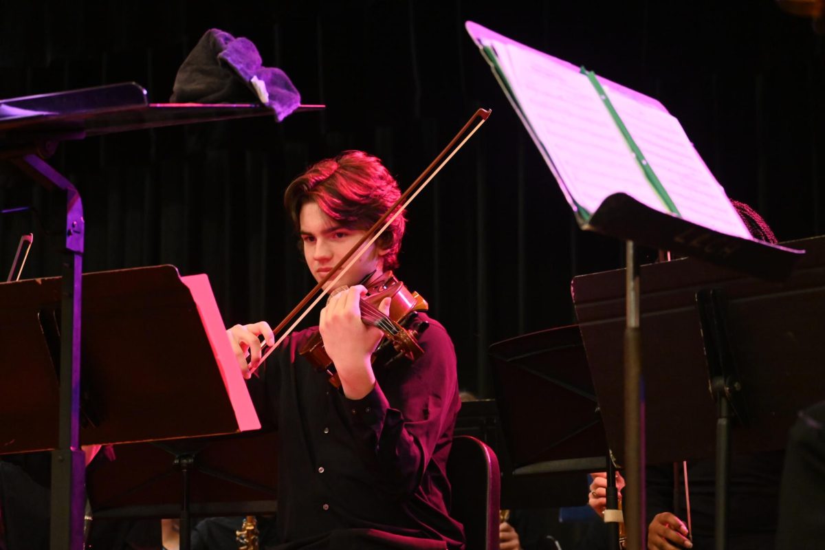 Sophomore Gray Gibson performs a viola solo during the winter band and orchestra concert Dec 9.