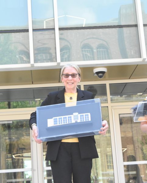 Principal Nancy Rousseau celebrates the opening of the science building Aug. 18.